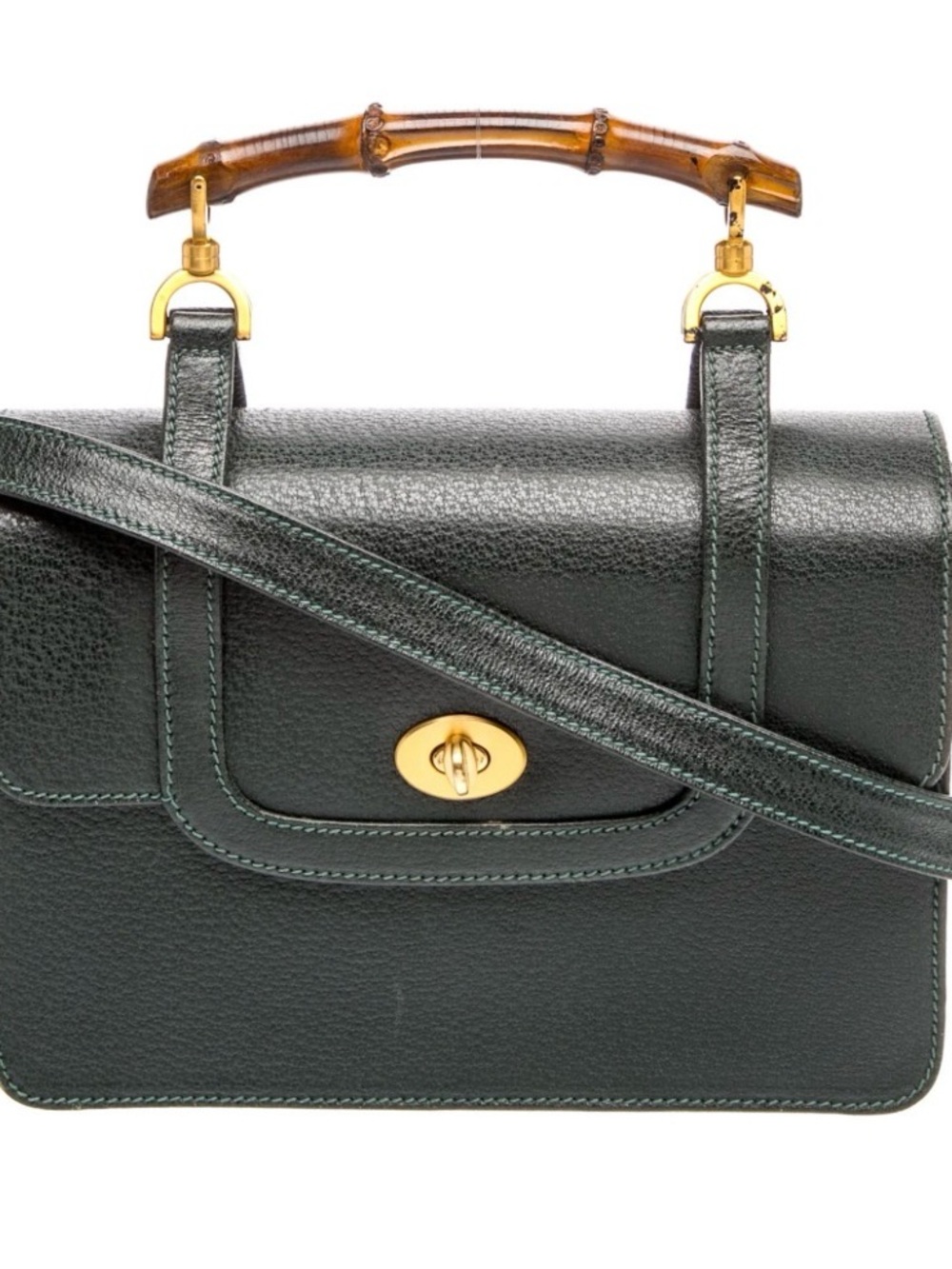 Gucci Dark Green Leather Top-Handle Shoulder Bag with Bamboo Handle